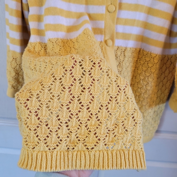 Christopher & Banks Yellow White Striped Crochet Knit Button Front Cardigan - Picture 3 of 7